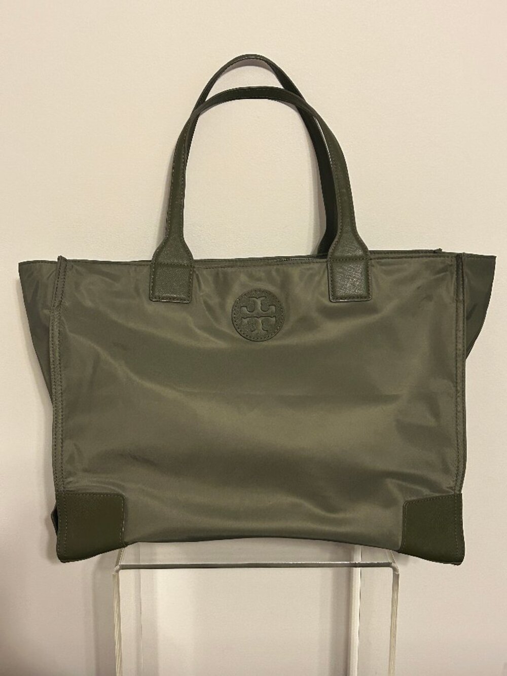 TORY BURCH Ella Dark Olive Green Large Nylon Tote Bag